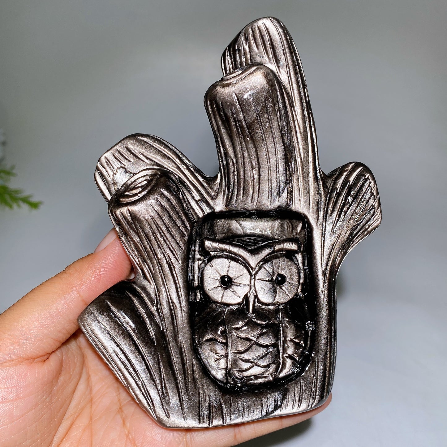 14-16cm Hand Carved Caribbean Calcite Silver Obsidian Owl Tree Hole Carving Free Form 1 Piece Crystal Healing Bulk Wholesale