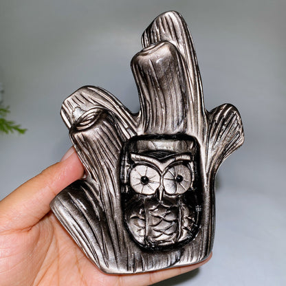 14-16cm Hand Carved Caribbean Calcite Silver Obsidian Owl Tree Hole Carving Free Form 1 Piece Crystal Healing Bulk Wholesale
