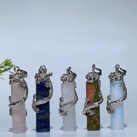 Metal Silver Dragon Coiling Around Crystal Cylinder Pendant Crystal Healing Bulk Wholesale
