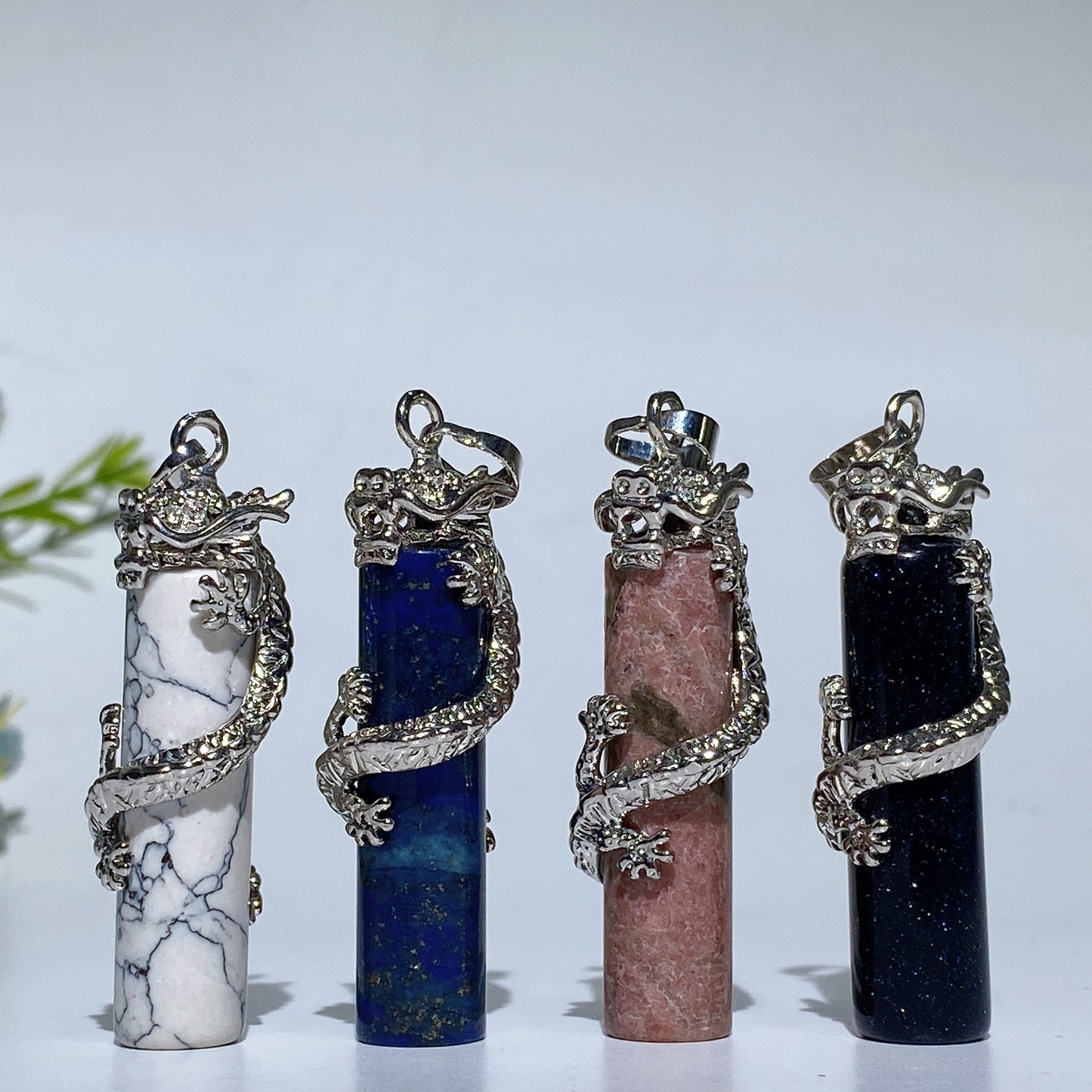 Metal Silver Dragon Coiling Around Crystal Cylinder Pendant Crystal Healing Bulk Wholesale