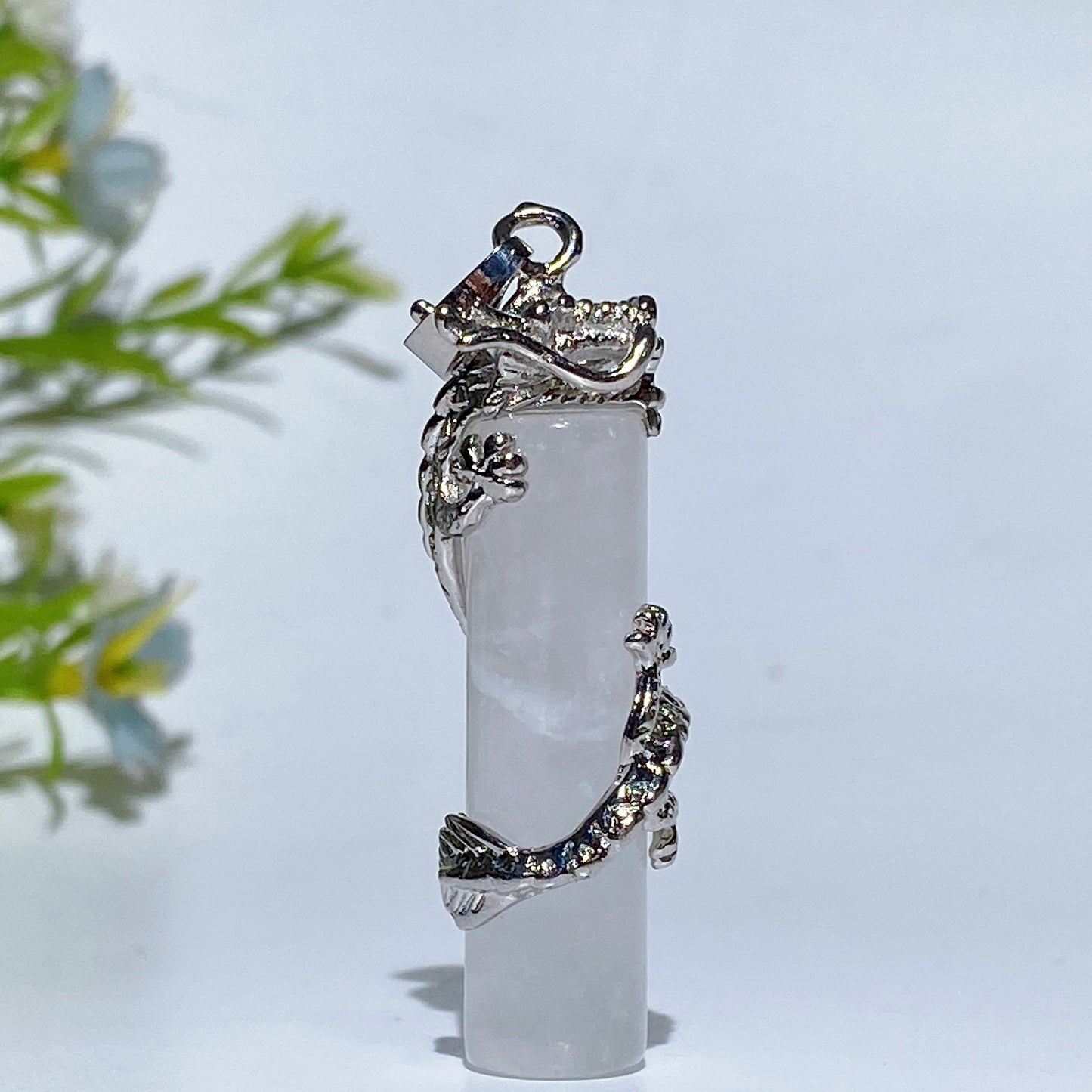 Metal Silver Dragon Coiling Around Crystal Cylinder Pendant Crystal Healing Bulk Wholesale