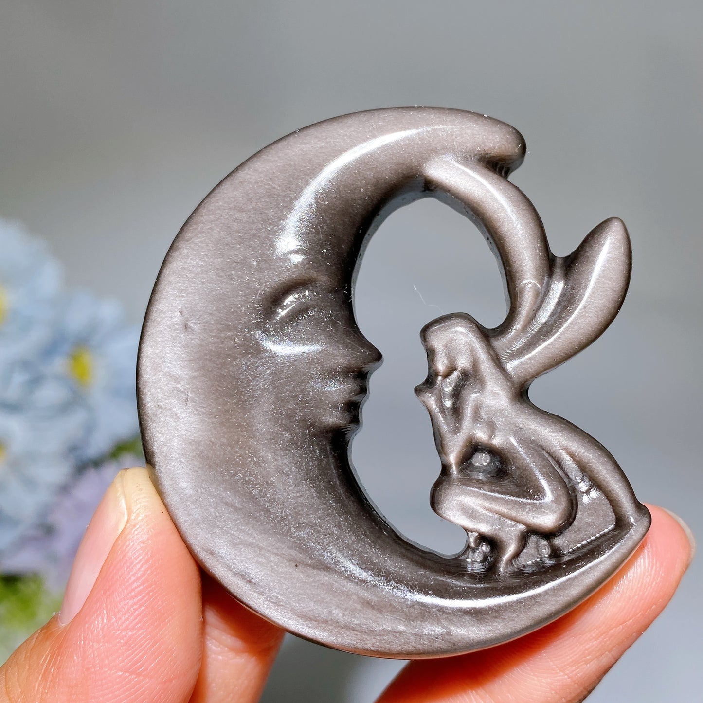 2.2"-2.3" Golden Obsidian Silver Obsidian Moon Fairy Carving Crystal Healing Bulk Wholesale