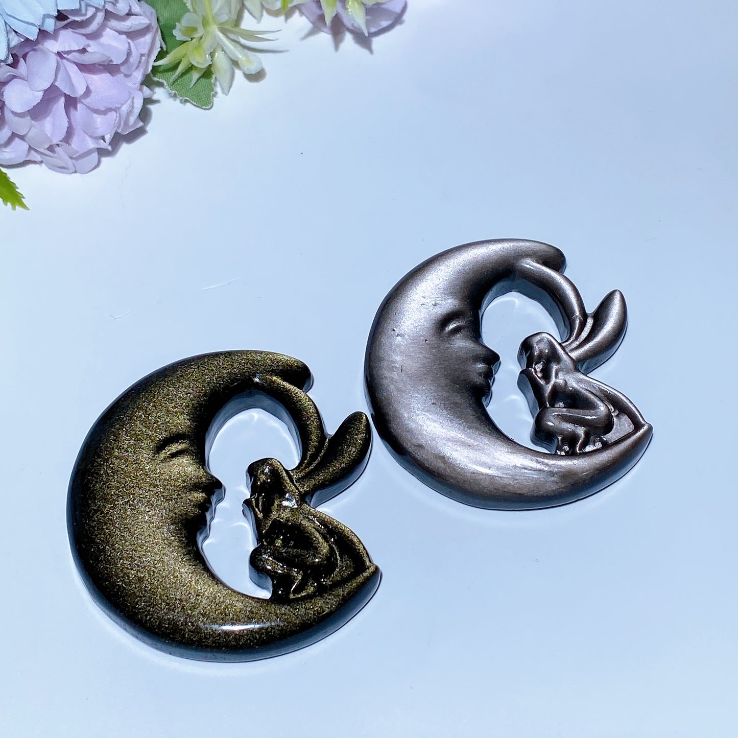 2.2"-2.3" Golden Obsidian Silver Obsidian Moon Fairy Carving Crystal Healing Bulk Wholesale