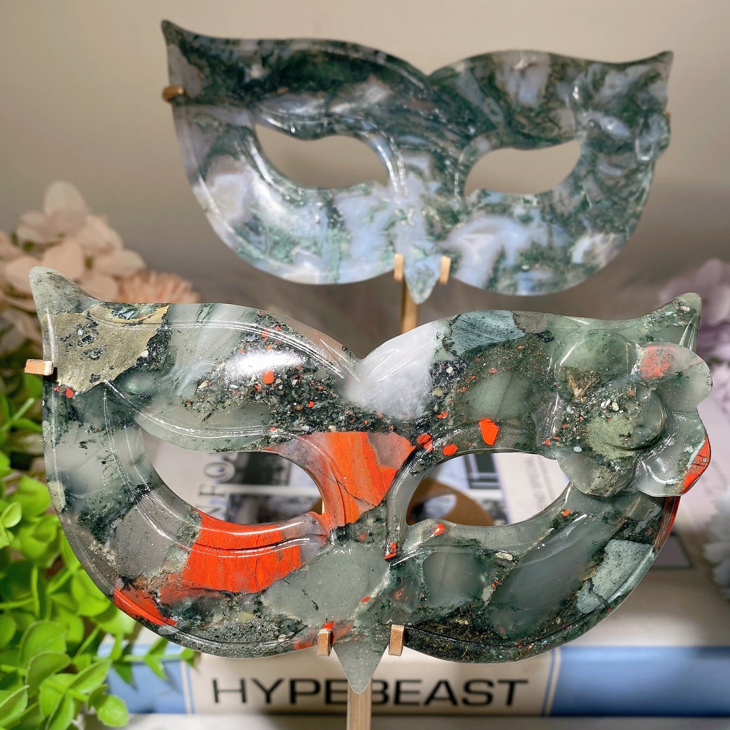 6.2" Moss Agate Blood Stone Cat Mask Carvings with Stand Bulk Wholesale