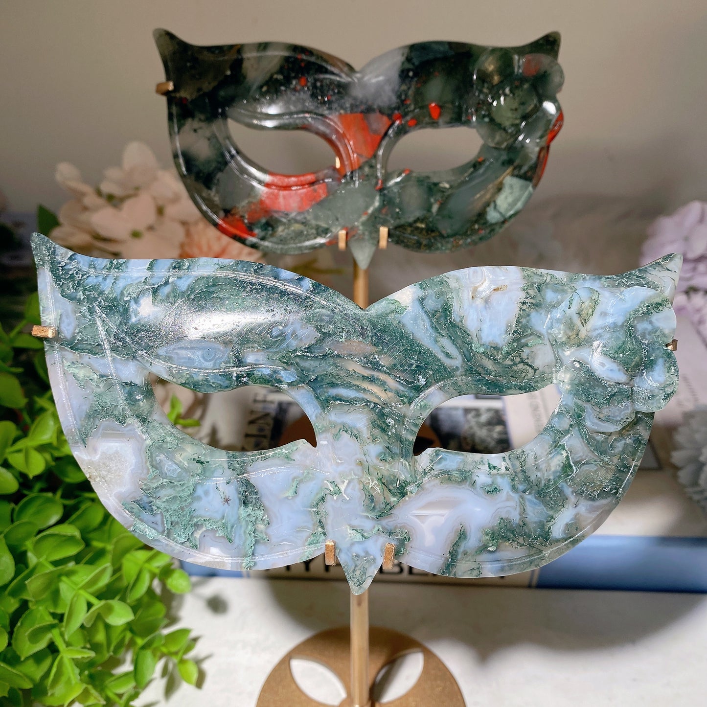 6.2" Moss Agate Blood Stone Cat Mask Carvings with Stand Bulk Wholesale