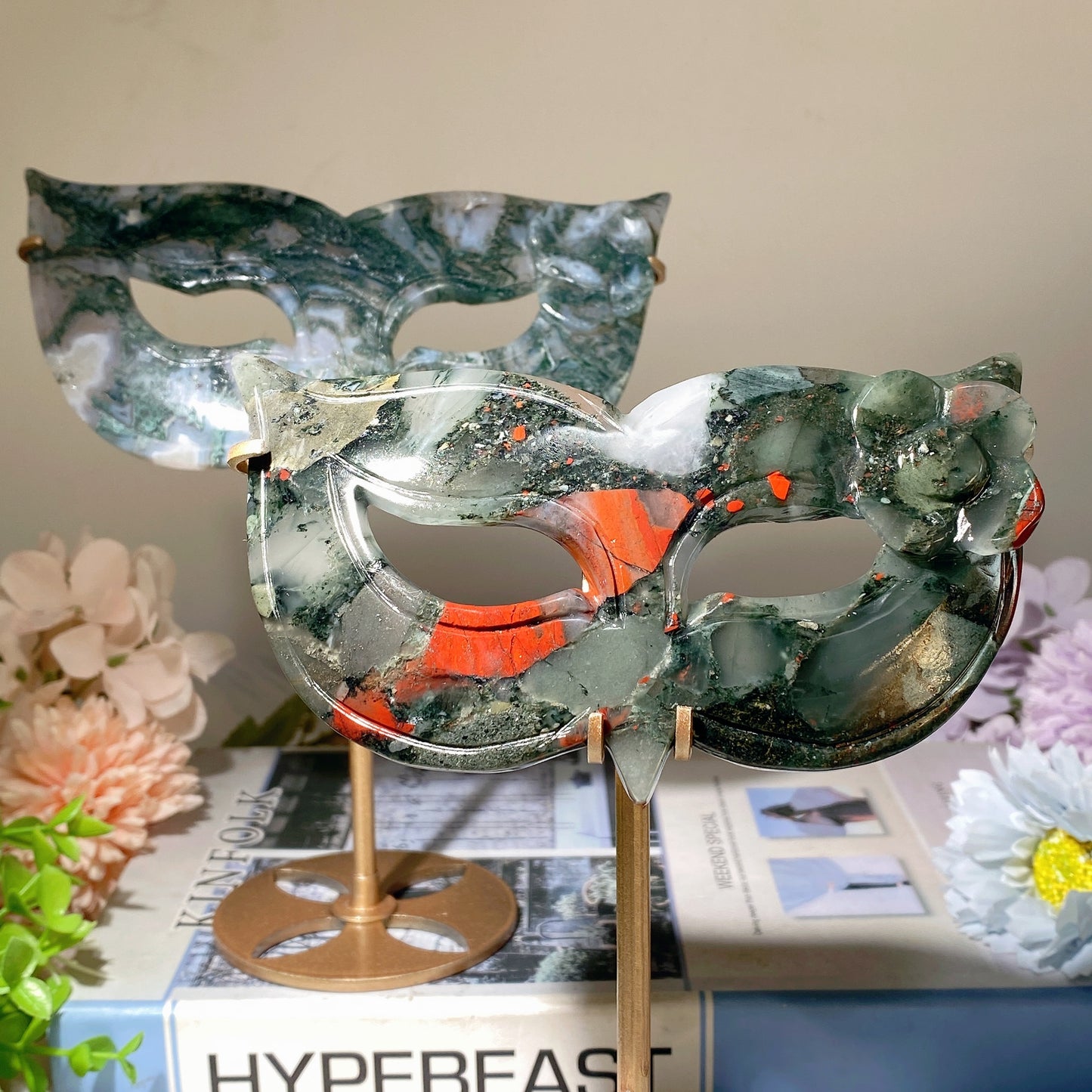 6.2" Moss Agate Blood Stone Cat Mask Carvings with Stand Bulk Wholesale