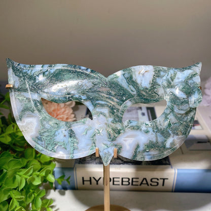 6.2" Moss Agate Blood Stone Cat Mask Carvings with Stand Bulk Wholesale