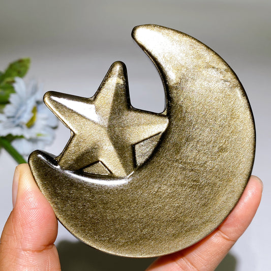 3.3" Golden Obsidian Silver Obsidian Moon & Star Carving Crystal Healing Bulk Wholesale