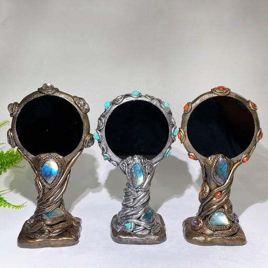 23cm Natural Black Obsidian Magic Mirror with Resin Handle Crystal Healing Bulk Wholesale
