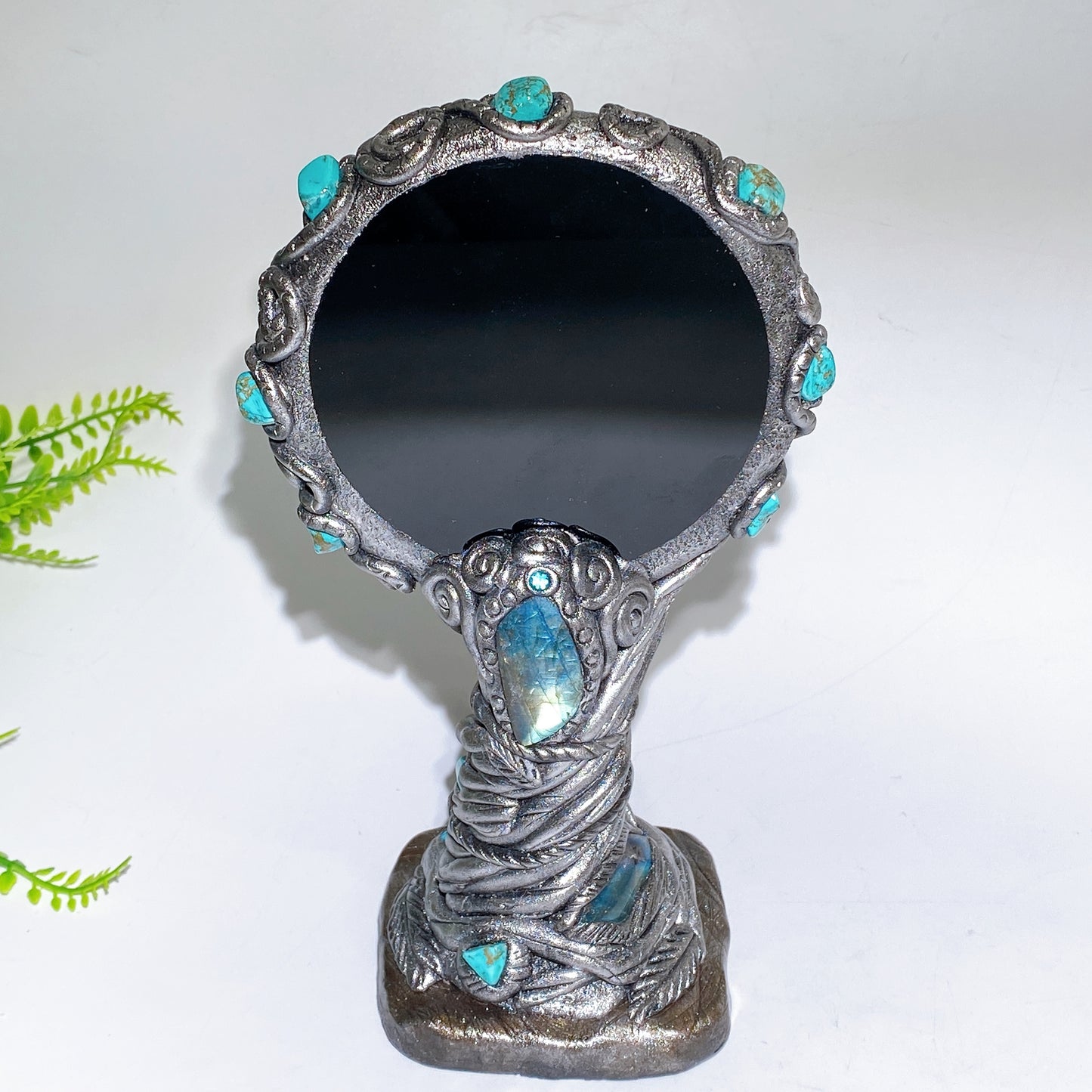 23cm Natural Black Obsidian Magic Mirror with Resin Handle Crystal Healing Bulk Wholesale