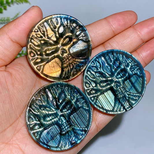 1.9" Natural Labradorite Life Tree Round Slab Crystal Healing Bulk Wholesale