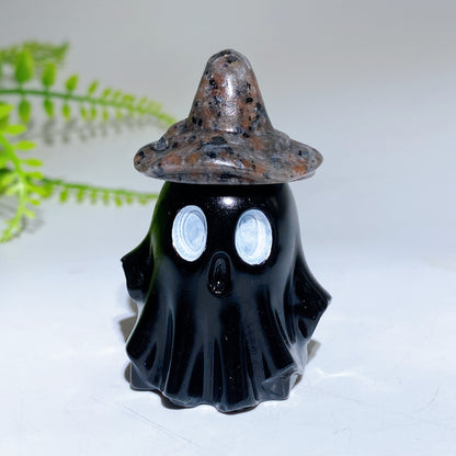 2.2" Natural Obsidian Ghost with Witch's Hat Halloween Carving Crystal Healing Bulk Wholesale