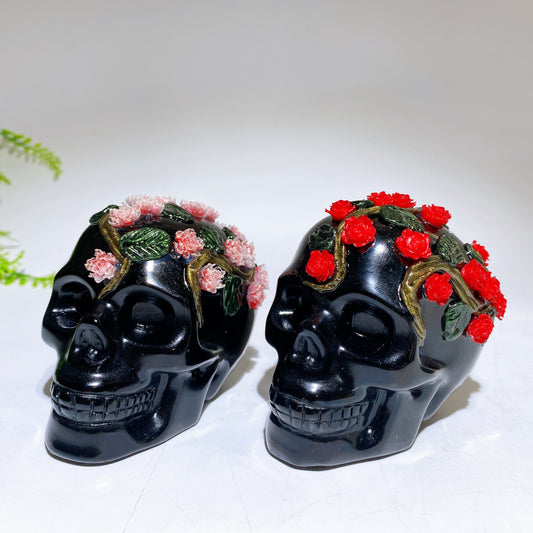 3.4"-3.8" Yooperlite Black Obsidian Skull with Rose Flower Decor Carving Crystal Healing Bulk Wholesale