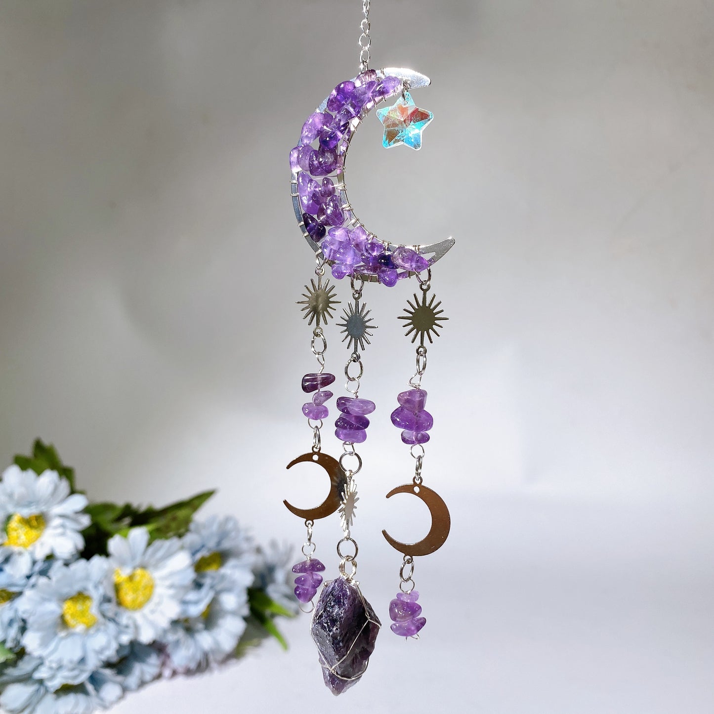 Crystal Chips Moon Shape Suncatcher Hanging Ornament Crystal Healing Bulk Wholesale