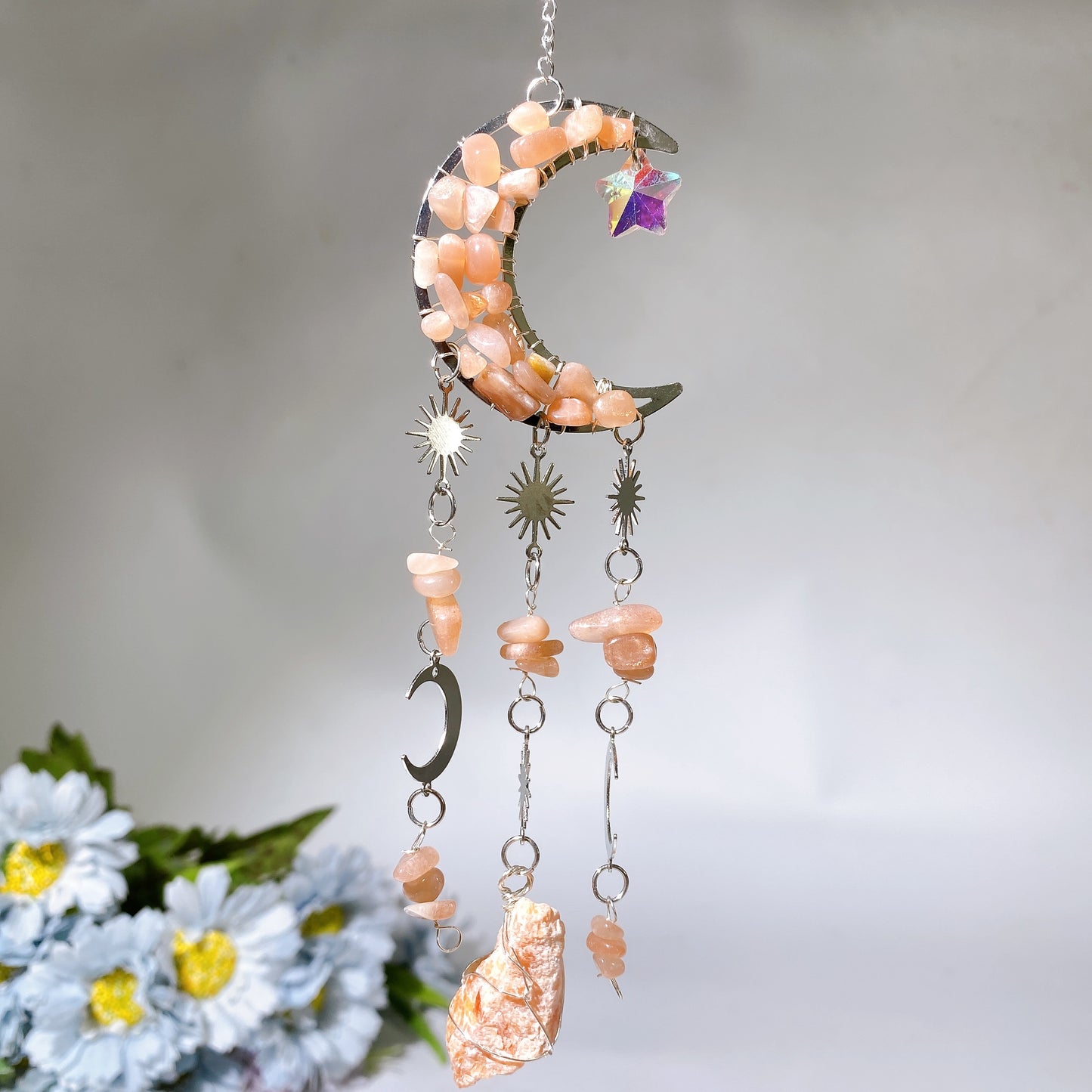 Crystal Chips Moon Shape Suncatcher Hanging Ornament Crystal Healing Bulk Wholesale