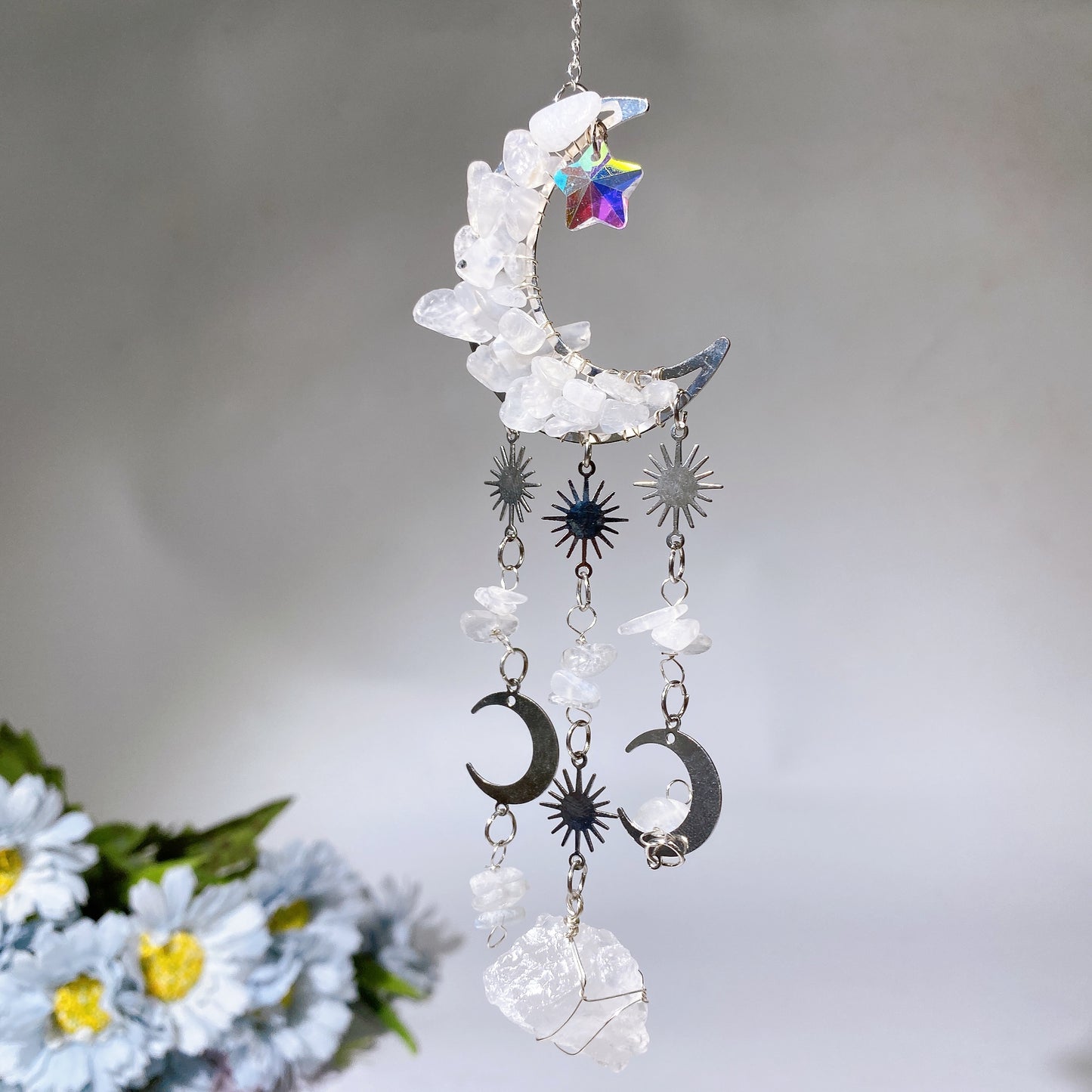 Crystal Chips Moon Shape Suncatcher Hanging Ornament Crystal Healing Bulk Wholesale