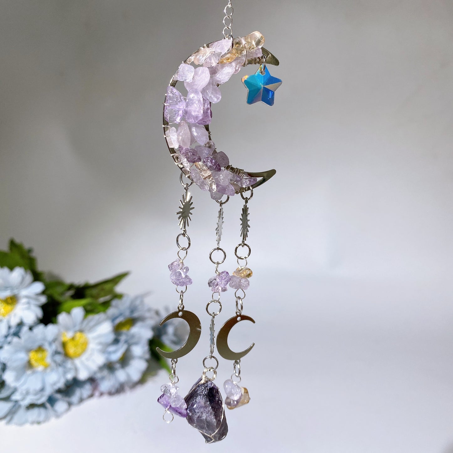 Crystal Chips Moon Shape Suncatcher Hanging Ornament Crystal Healing Bulk Wholesale