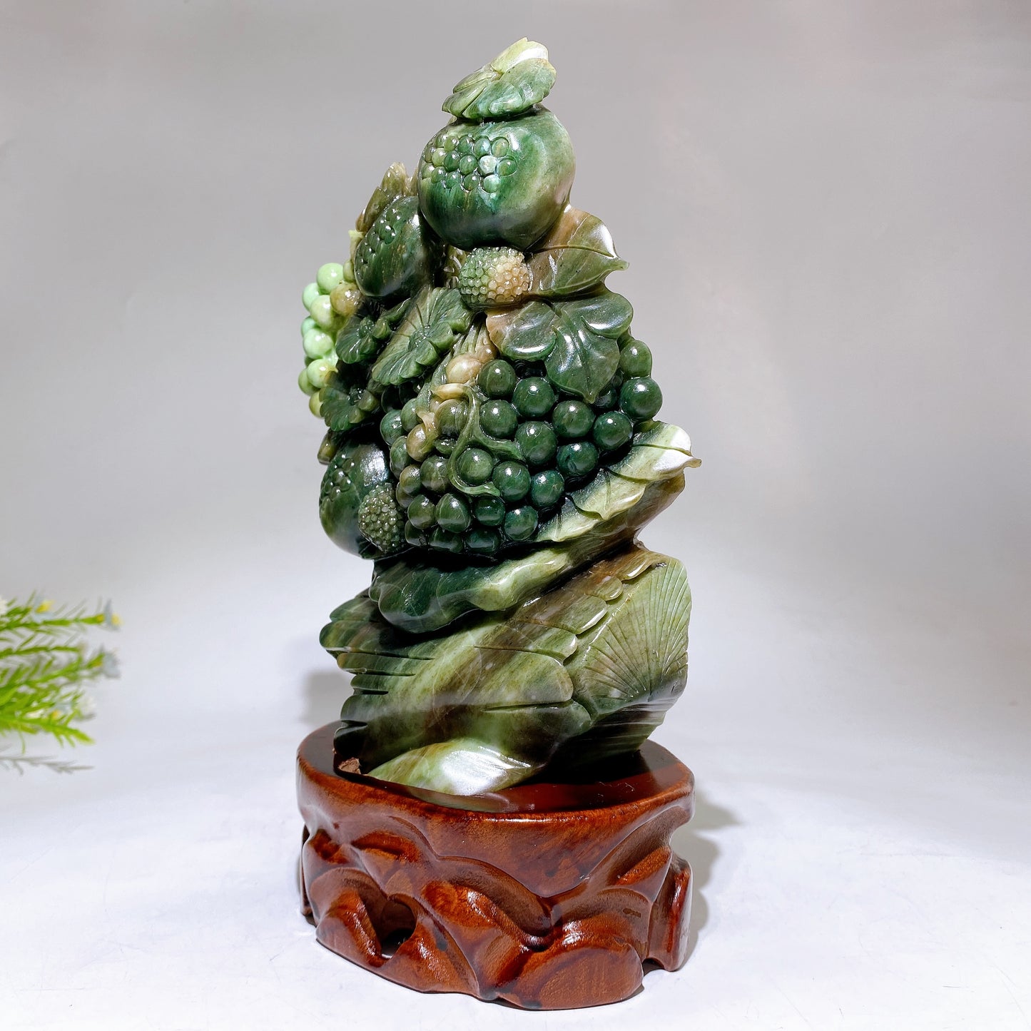 22cm Hand Carved Natural Green Jade Pomegranate Grapes with Wooden Stand Cryrstal Healing Bulk Wholesale