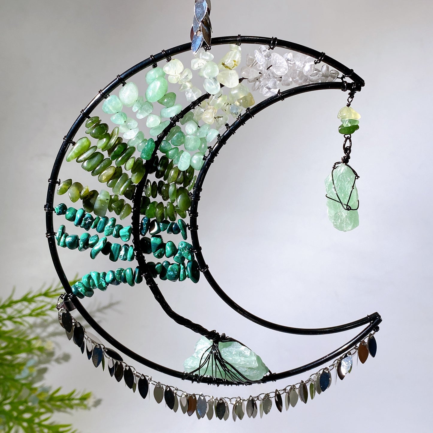 Wire Wrap Natural Gemstone Crystal Chips Moon Leaf Hanging Ornament Crystal Healing Bulk Wholesale