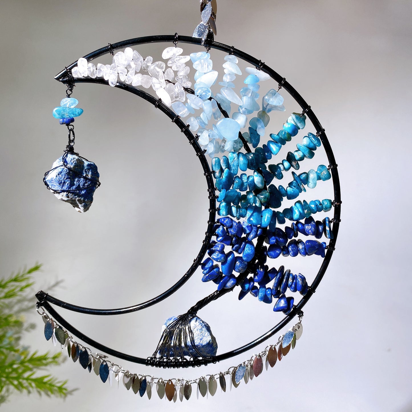 Wire Wrap Natural Gemstone Crystal Chips Moon Leaf Hanging Ornament Crystal Healing Bulk Wholesale
