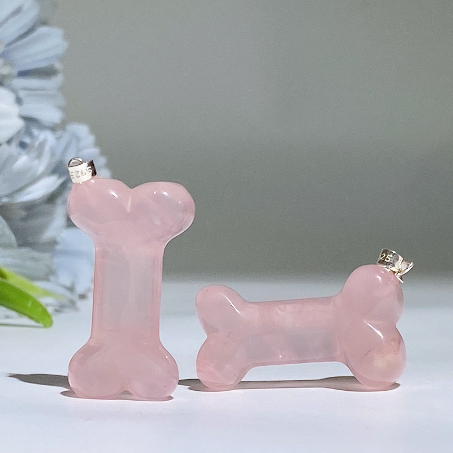 32mm S925 Rose Quartz Bone Pendant Crystal Healing Bulk Wholesale