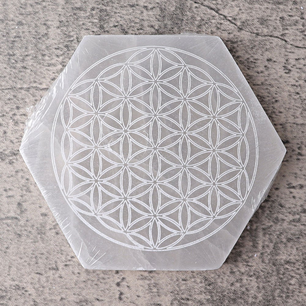 6" Hexagon Selenite Coaster with Printing Best Crystal Wholesalers