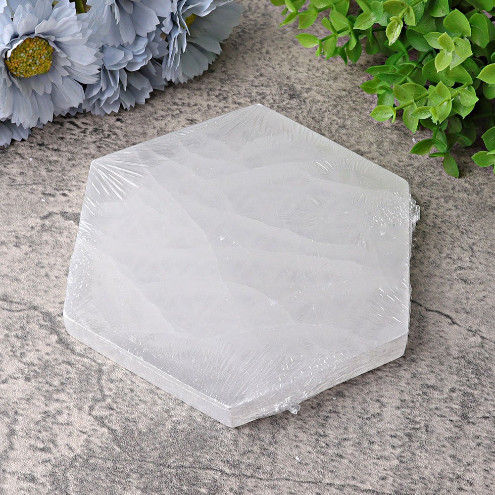 6" Hexagon Selenite Coaster with Printing Best Crystal Wholesalers