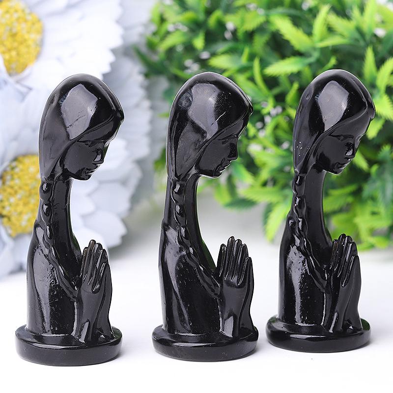 3" Black Obsidian Pray Lady Crystal Carvings Model Bulk Best Crystal Wholesalers