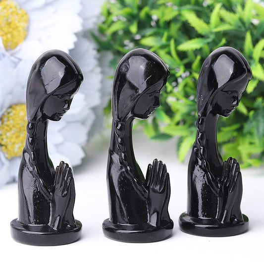 3" Black Obsidian Pray Lady Crystal Carvings Model Bulk Best Crystal Wholesalers