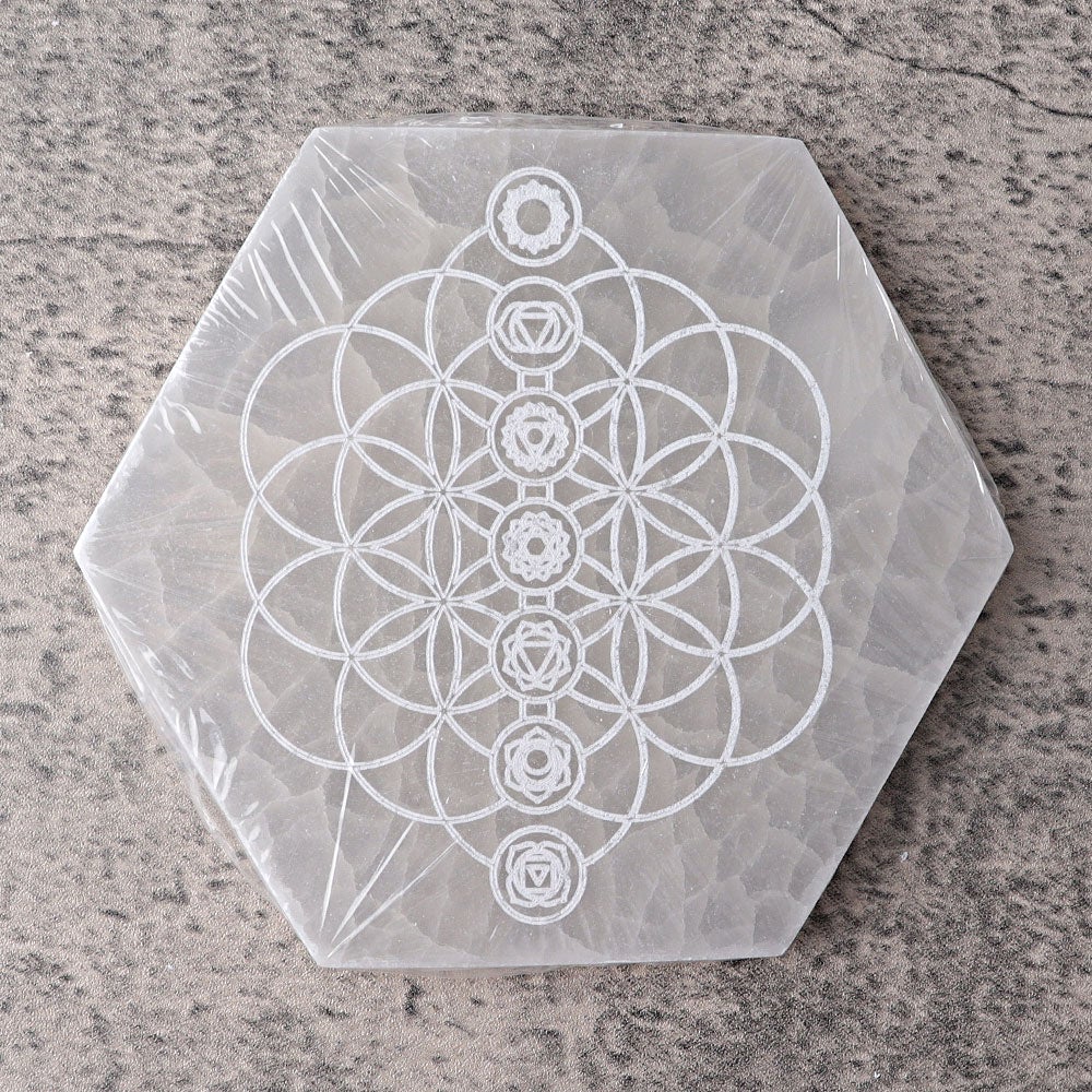 6" Hexagon Selenite Coaster with Printing Best Crystal Wholesalers