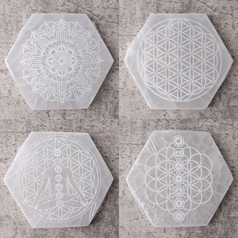 6" Hexagon Selenite Coaster with Printing Best Crystal Wholesalers