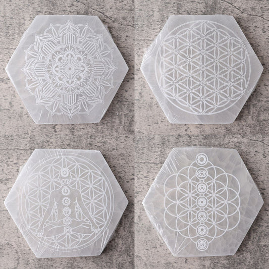6" Hexagon Selenite Coaster with Printing Best Crystal Wholesalers