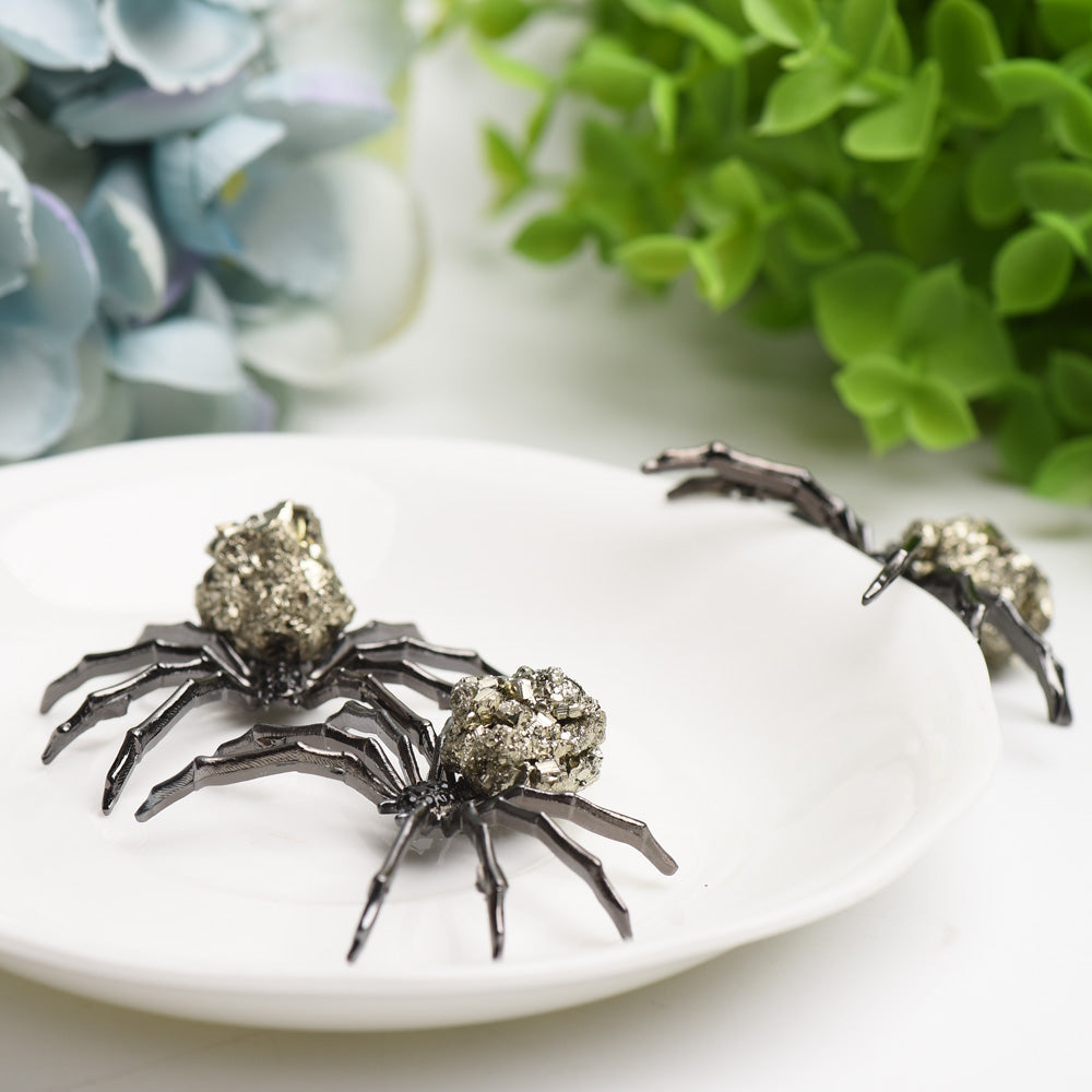 2.0" Metal Spider with Raw Pyrite Stone Decor Free Form for Bulk Wholesale