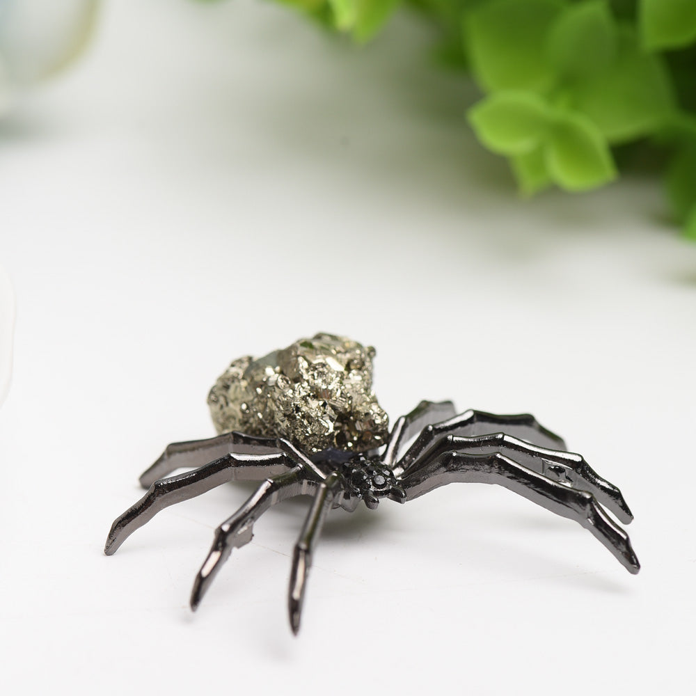 2.0" Metal Spider with Raw Pyrite Stone Decor Free Form for Bulk Wholesale
