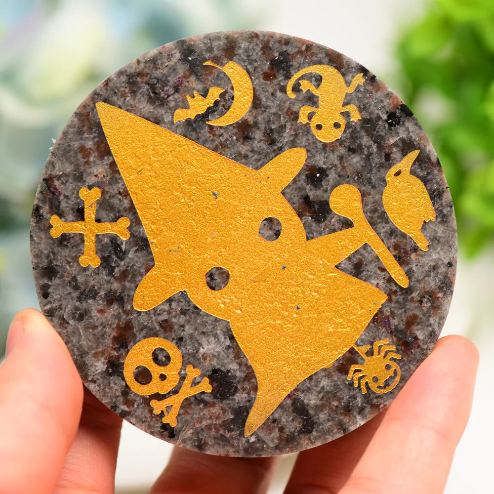Fluorescent Yooperlite Round Slab with Engraved Ghost Carving