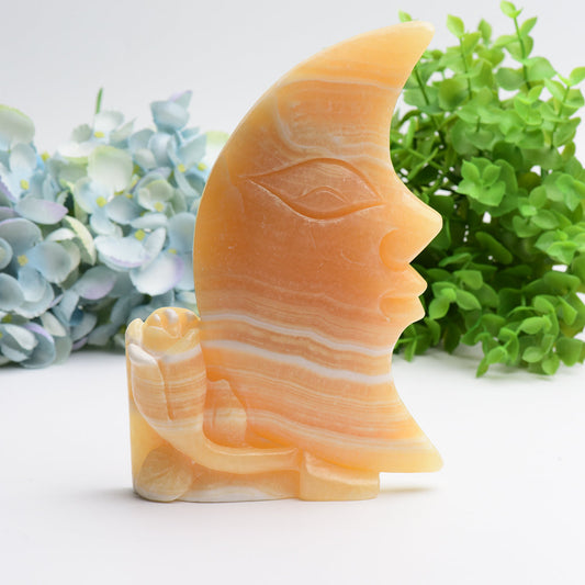8.0" Yellow Calcite Moon Rose Crystal Carving Free Form Bulk Wholesale