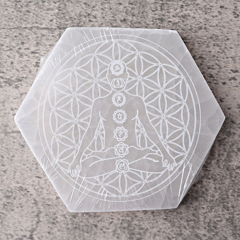 6" Hexagon Selenite Coaster with Printing Best Crystal Wholesalers
