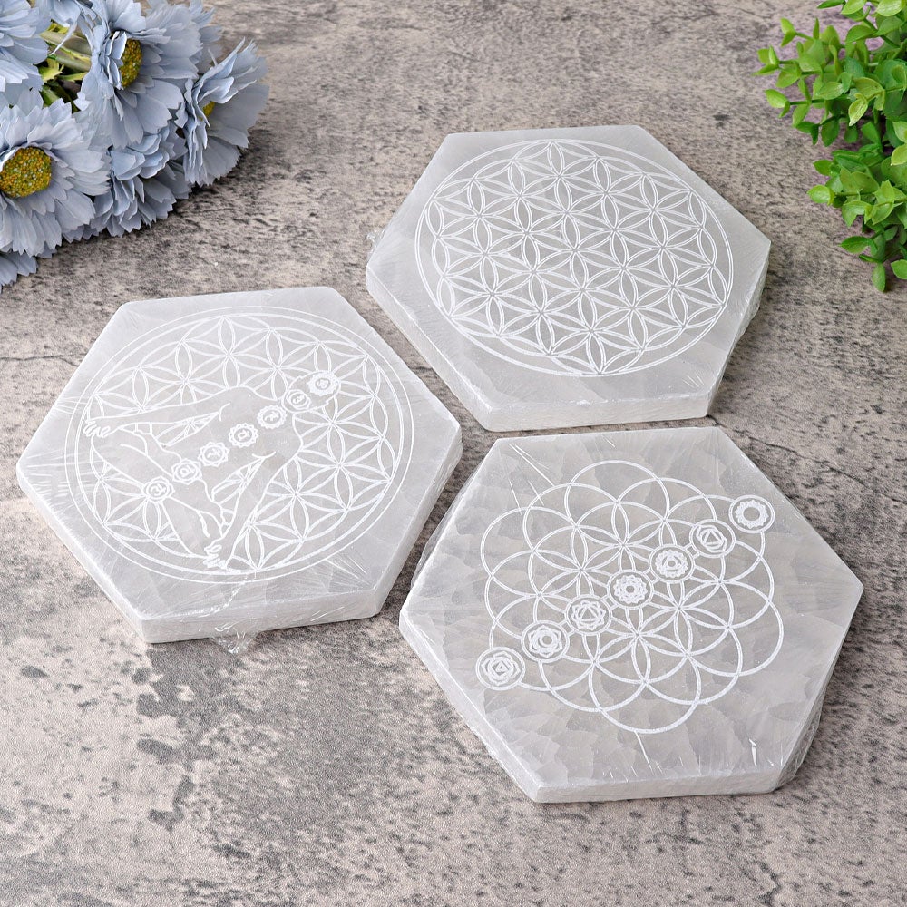 6" Hexagon Selenite Coaster with Printing Best Crystal Wholesalers